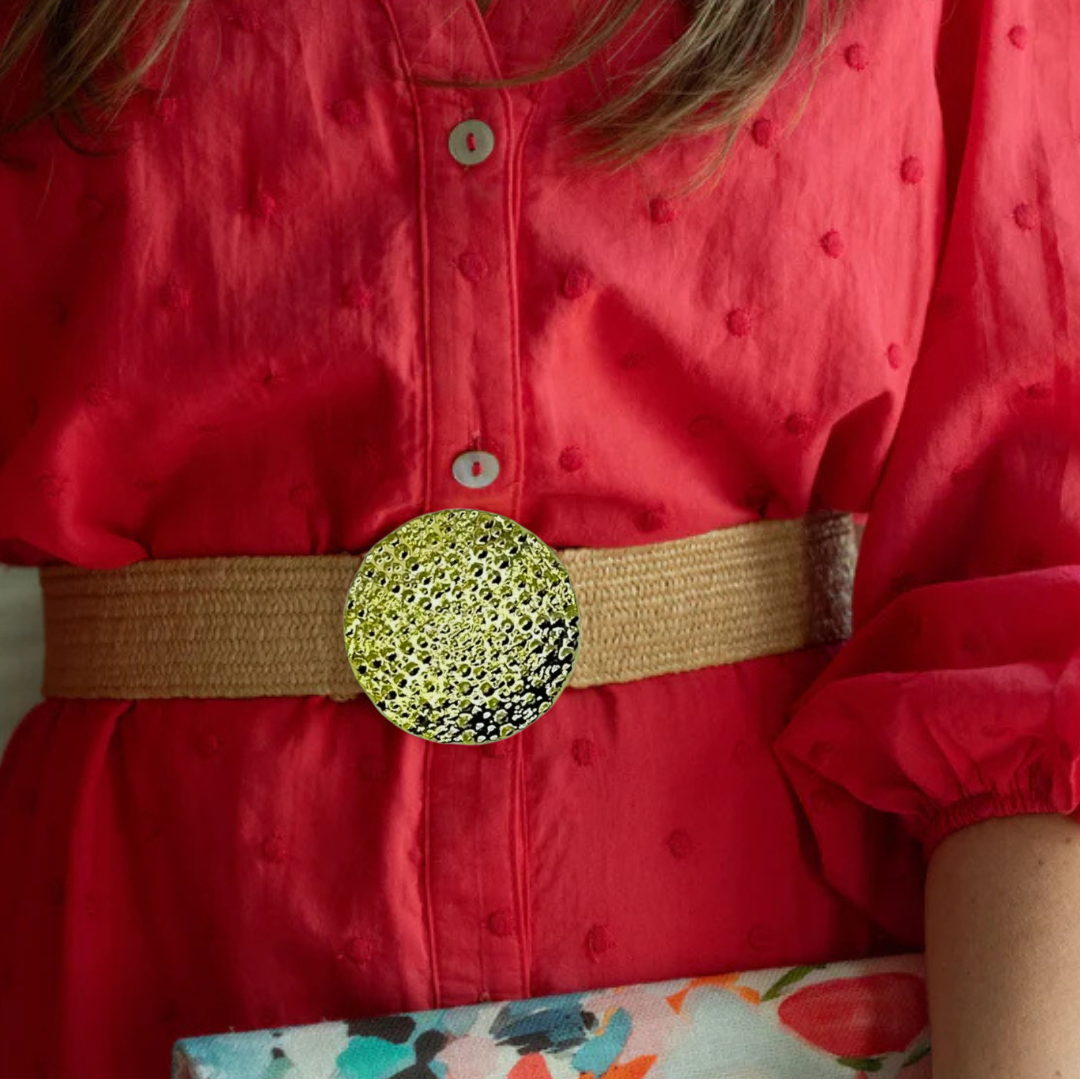 Pebbled Disc Belt Buckle gold textured disc on tan elastic belt, styled at waist - Marj & Lizzie