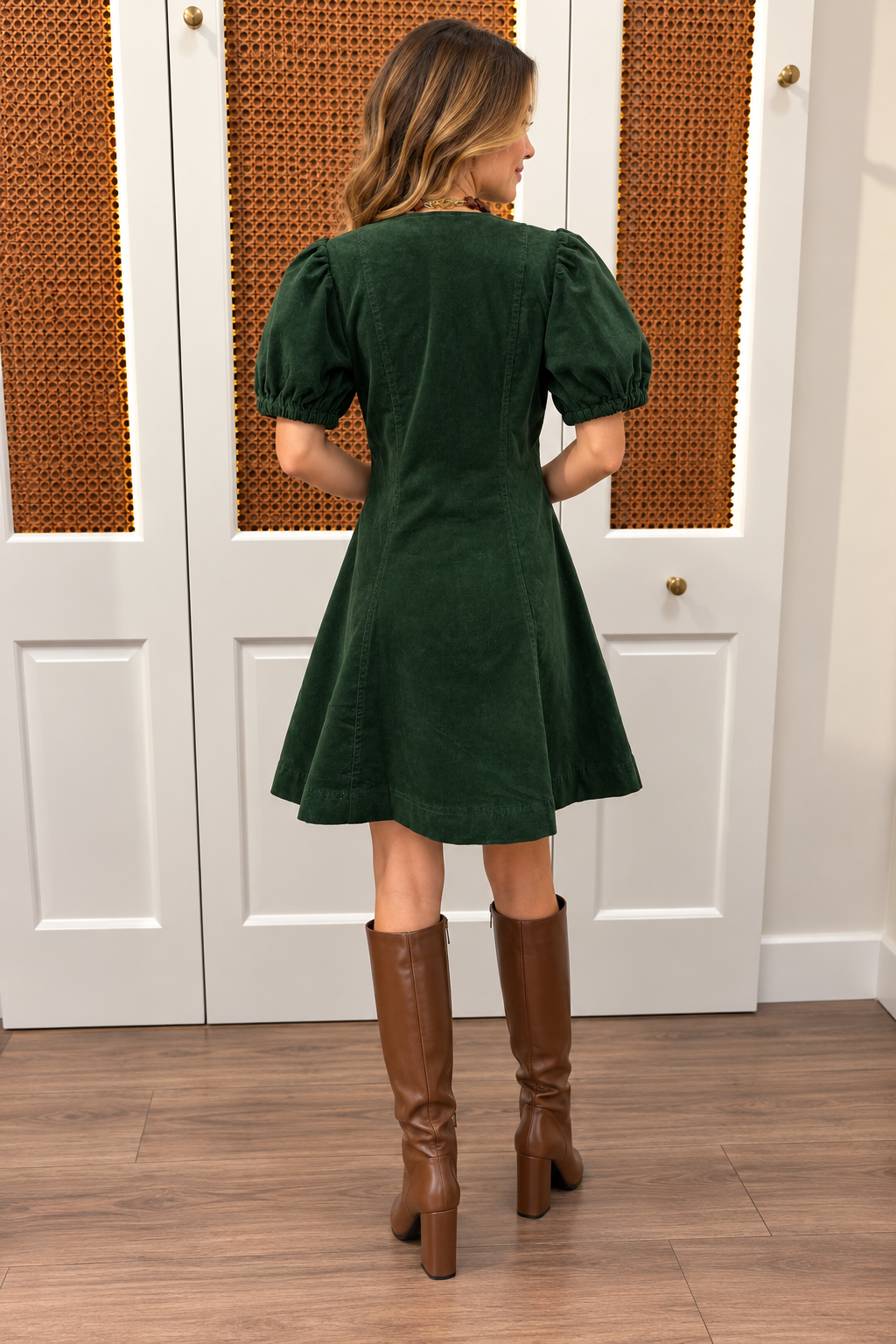Millie Dress by Entro — forest green corduroy mini dress with zip-front V-neckline, puff sleeves, and A-line skirt, back view Style #D32169