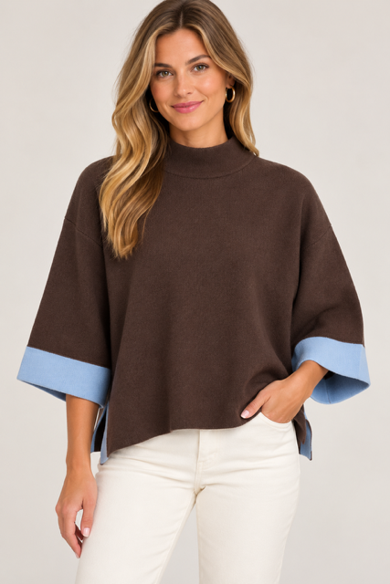 Barbara Sweater by Entro in brown with a mock neckline and light blue elbow-length cuffs, front view