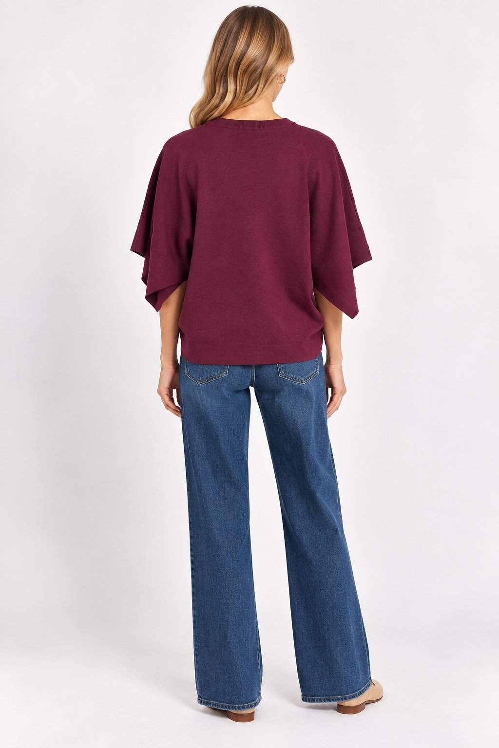 Eloise Top by Entro in merlot, back view showing round neckline, center seam, and wide draped sleeves. D31013
