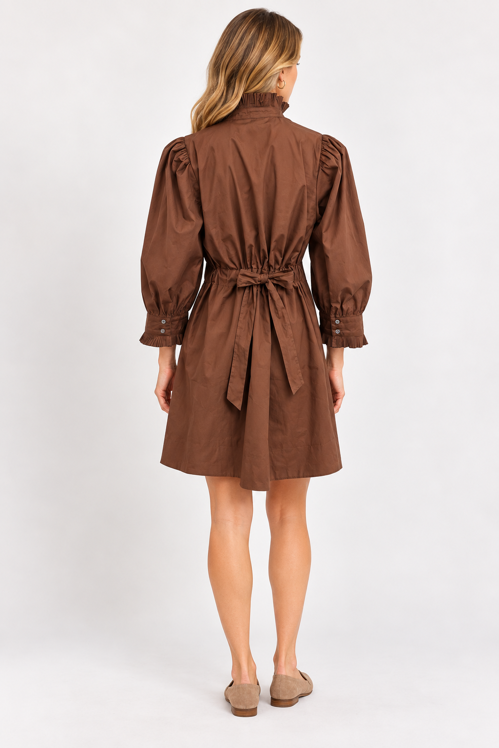 Lottie Dress by Entro in brown, back view showing button front, ruffled collar, and gathered sleeves D31683