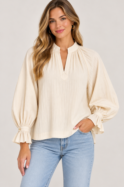 Louisa Top by Entro in ecru with tonal stripes, split V neckline, and flared cuffs, front view