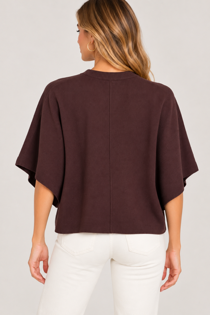 Rosalie Top by Entro in chocolate brown with a round neckline, wide sleeves, and center-front seam, back view