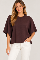 Rosalie Top by Entro in chocolate brown with a round neckline, wide sleeves, and center-front seam, front view