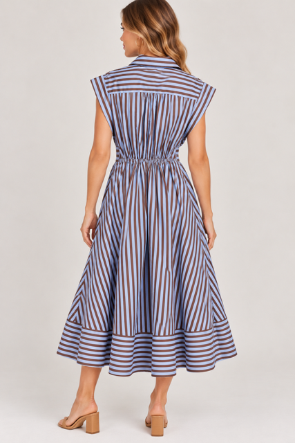 Savannah Dress by Entro in brown and blue stripes with a collar, tie waist, and cap sleeves, back view