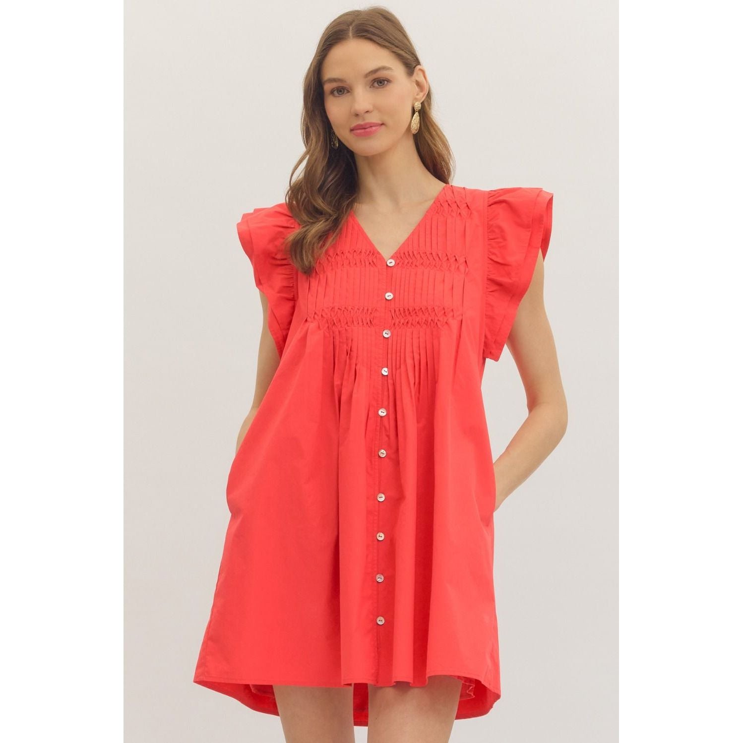 Ruby Dress by Entro — coral red mini dress, V-neck, ruffle cap sleeves, pintuck bodice, button-front, pockets
