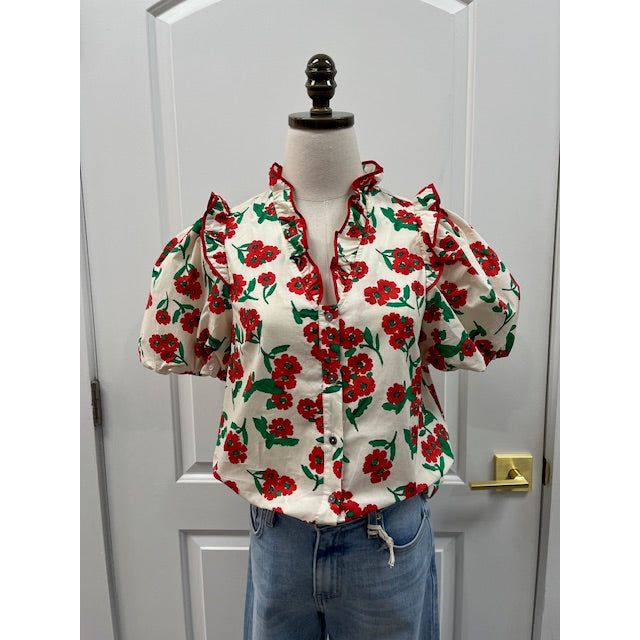 entro red/green floral short sleeve top