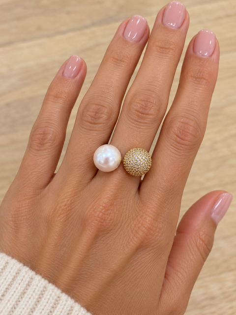 Golden Pearl Ring by Marj & Lizzie, gold open ring with white pearl and pavé ball ends, worn on hand