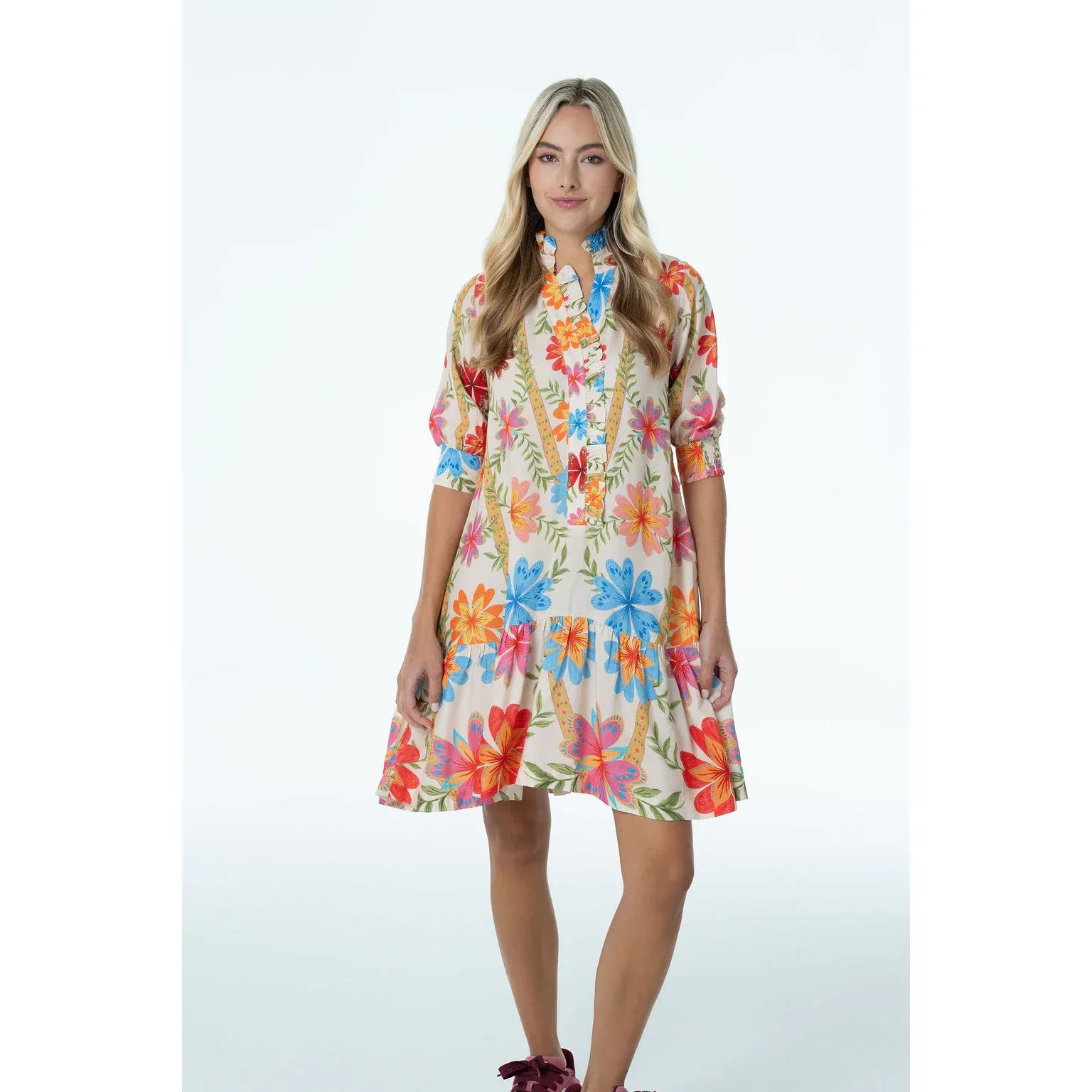 Gracie Dress by Briton Court — cream mini dress, tropical floral print, band collar, 3/4 sleeves, button-front, tiered skirt