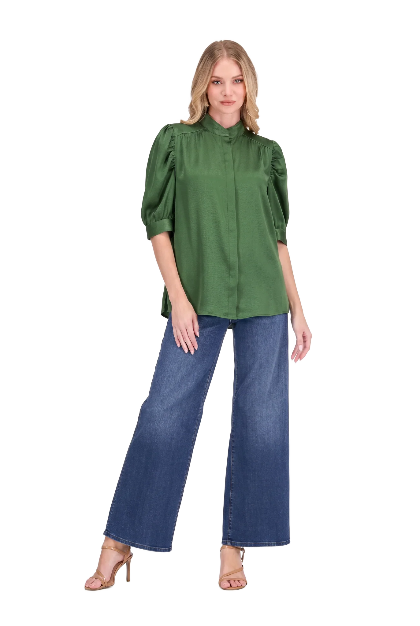 Callie Top by Jade in emerald green — puff sleeve button-front top with band collar and concealed placket, full front view
