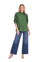 Callie Top by Jade in emerald green — puff sleeve button-front top with band collar and concealed placket, full front view