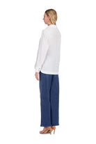 Catherine Top by Jade — crisp white horseshoe collar long sleeve top with relaxed straight hem, full length side view