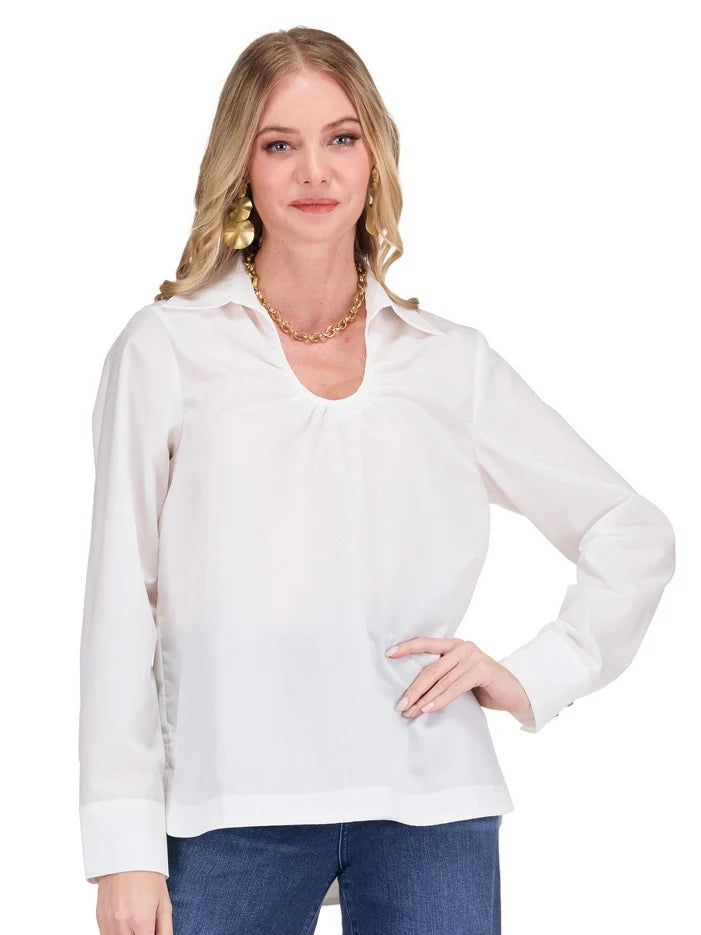 Catherine Top by Jade — crisp white horseshoe collar long sleeve top with relaxed straight hem, front view