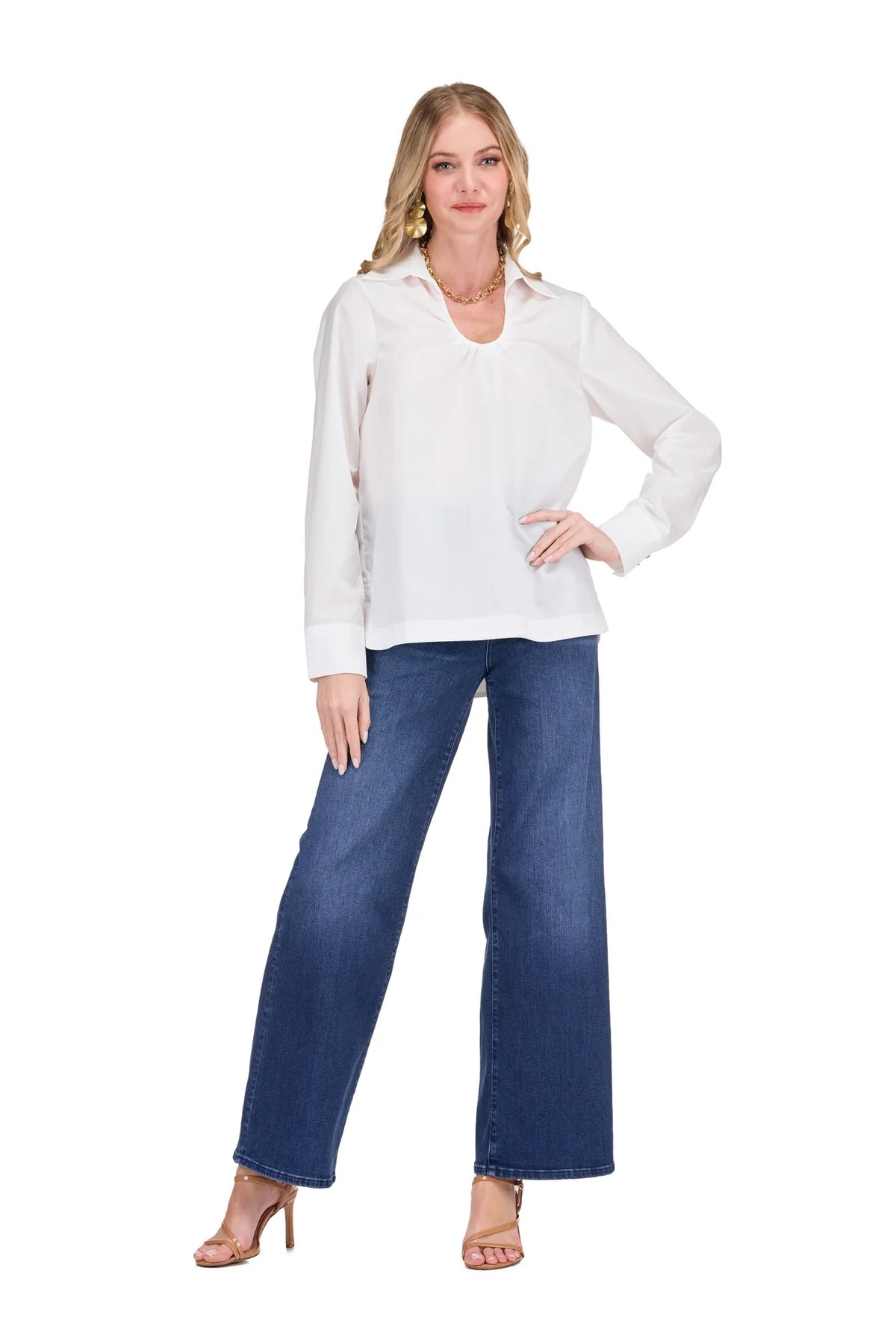 Catherine Top by Jade — crisp white horseshoe collar long sleeve top with relaxed straight hem, full length front view