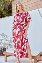 Josephine Dress by Jade — red and cream abstract print polyester midi dress with flutter sleeves and side slit