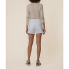 Jane high rise jean shorts in optic white by Kut from the Kloth, shown on a model with a close-up of the denim fabric and fit.