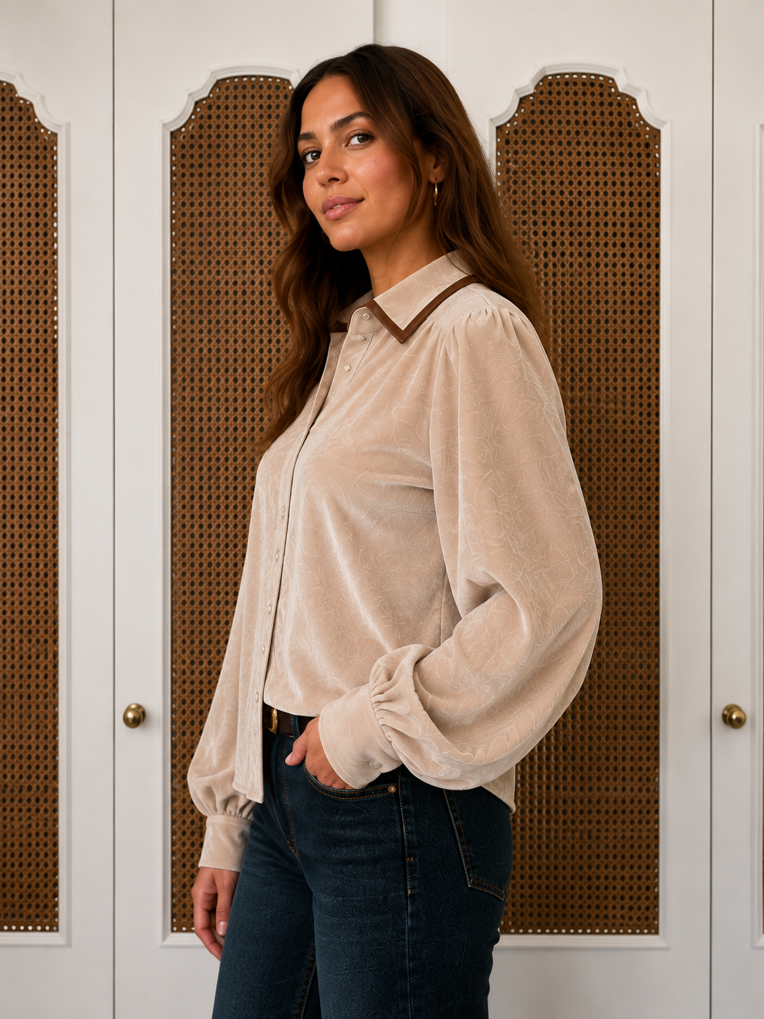 Merritt Top in Champagne by Jodifl — button-up with vegan leather suede trim | Marj & Lizzie G16282