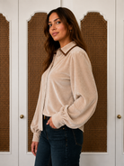 Merritt Top in Champagne by Jodifl — button-up with vegan leather suede trim | Marj & Lizzie G16282