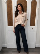Merritt Top in Champagne by Jodifl — button-up with vegan leather suede trim | Marj & Lizzie G16282