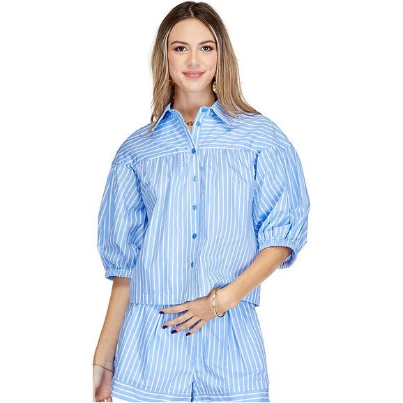 joyjoyroundyokeblouseblueandwhitestripespuffsleevebuttonup72C4875
