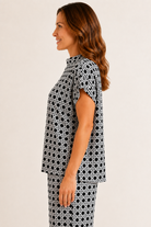 Side view: Tillie Top by Jude Connally in Black Rattan print, side view, cap sleeves, boxy relaxed silhouette Style # 301760