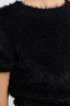 Martha Top by Molly Bracken in Black, zoom view, fitted eyelash knit sweater, crew neckline with frayed edge trim, short cap sleeves with frayed edges, cropped waist length Style # NL45EN