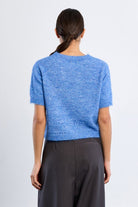 Ruth Top by Molly Bracken in Blue, back view, cropped boucle knit sweater, crew neckline, short sleeves with frayed edges, open pointelle hem trim, boxy silhouette Style# LAL705EN