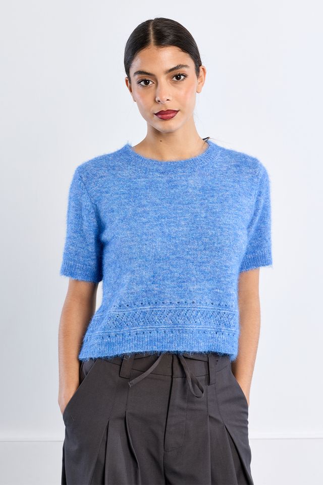 Ruth Top by Molly Bracken in Blue, front view, cropped boucle knit sweater, crew neckline, short sleeves with frayed edges, open pointelle hem trim, boxy silhouette Style# LAL705EN