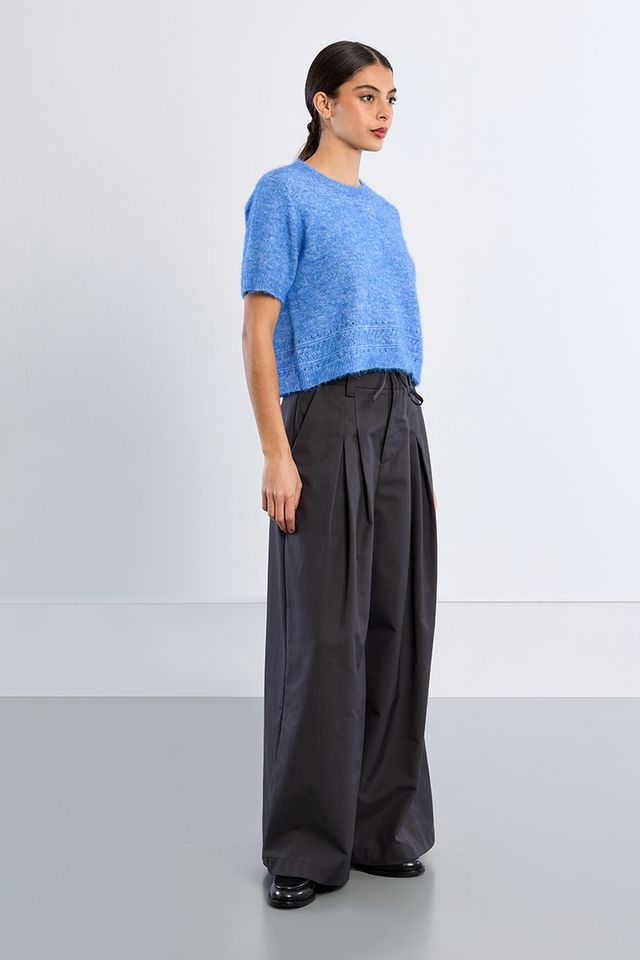 Ruth Top by Molly Bracken in Blue, side view, cropped boucle knit sweater, crew neckline, short sleeves with frayed edges, open pointelle hem trim, boxy silhouette Style# LAL705EN