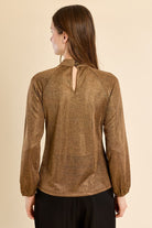 Jean Top by Molly Bracken in Copper, back view, metallic knit, ruched mock neck with front keyhole cutout, long balloon sleeves with elasticated cuffs, fitted silhouette Style# PW122EN
