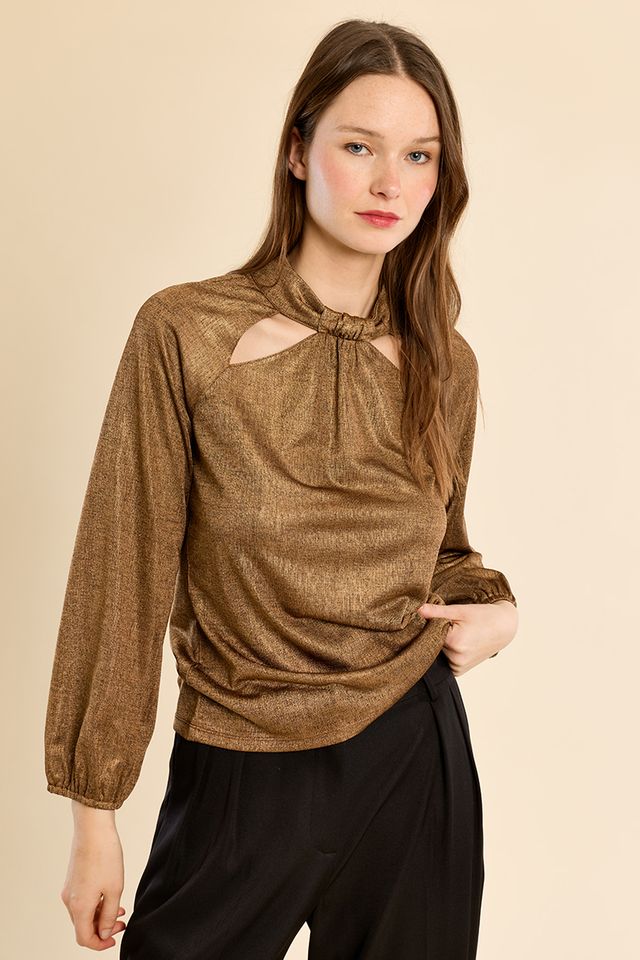 Jean Top by Molly Bracken in Copper, front view, metallic knit, ruched mock neck with front keyhole cutout, long balloon sleeves with elasticated cuffs, fitted silhouette Style# PW122EN