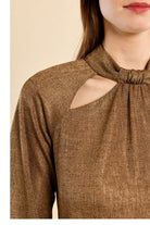 Jean Top by Molly Bracken in Copper, zoom view, metallic knit, ruched mock neck with front keyhole cutout, long balloon sleeves with elasticated cuffs, fitted silhouette Style# PW122EN