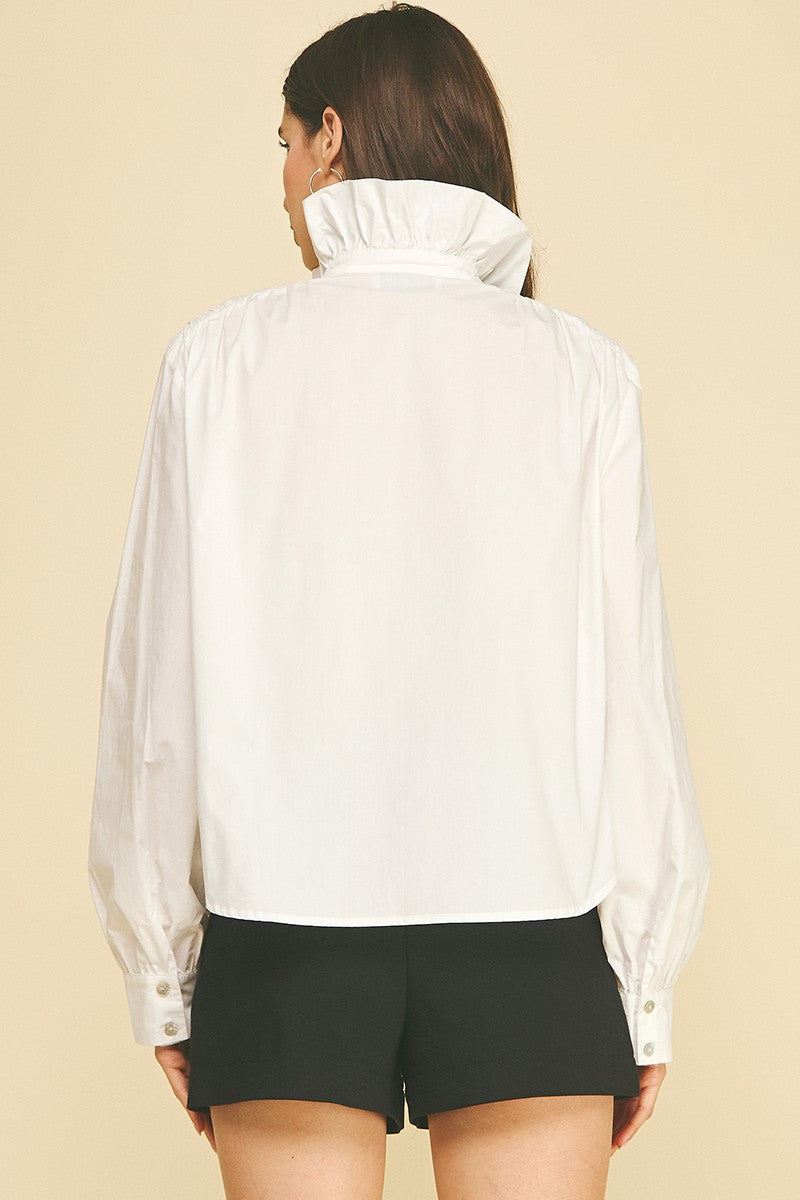 Anne Porter Top by Pinch white ruffled high-neck button-down, back view showing gathered collar and button cuffs