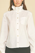 Anne Porter Top by Pinch white ruffled high-neck shirt close-up showing gold buttons, front patch pocket detail  style#7171T