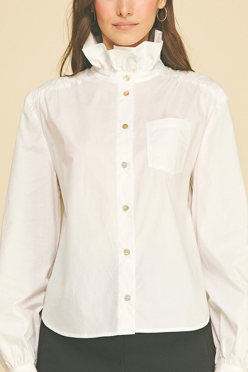 Anne Porter Top by Pinch white ruffled high-neck shirt close-up showing gold buttons, front patch pocket detail  style#7171T