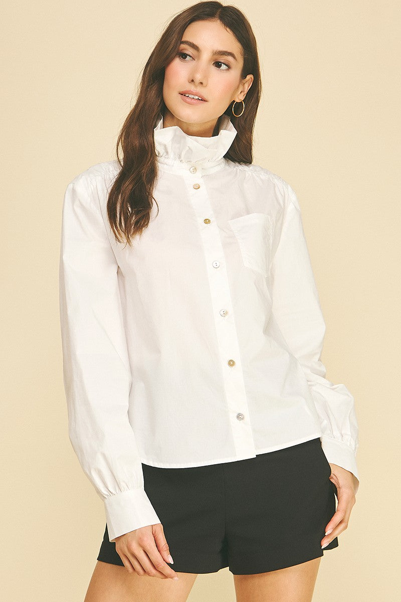 Anne Porter Top by Pinch white button-down with ruffled high neck, front pocket, and long sleeves, front view