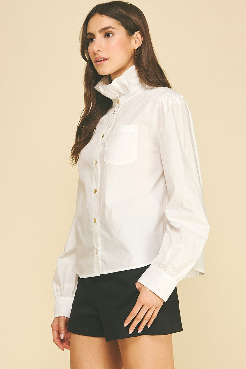 Anne Porter Top by Pinch white cotton button-down with ruffled collar, front chest pocket, long sleeves, side view