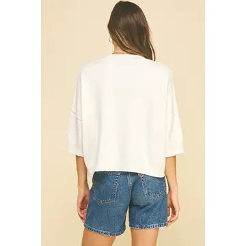 Pinch Meredith Sweater in white — drop shoulder short sleeve knit, back view style# 6980W