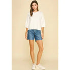 Pinch Meredith Sweater in white — round neck, drop shoulder, short sleeve knit, full front view style #6980W