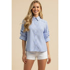 pinch ruched sleeve striped button down shirt blue and white top style# 7061T