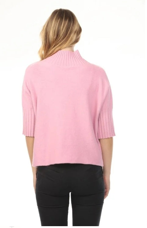 Aria Mock Neck Knit Sweater in bubblegum pink from Rain and Rose — relaxed silhouette, pleated elbow sleeves, back view style # SW 4181