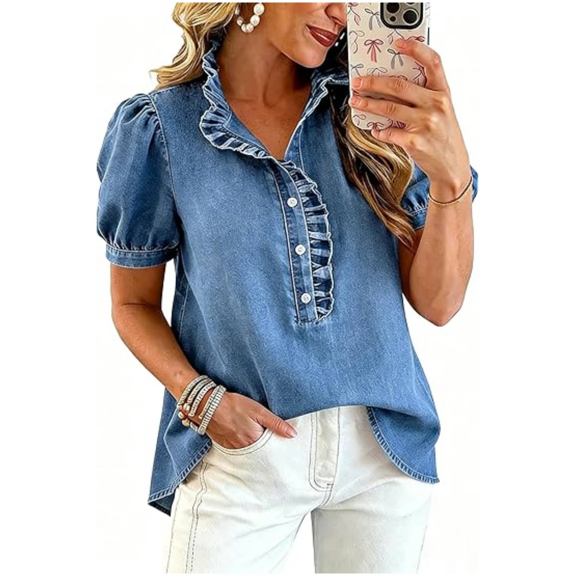 The Meade Top by Rosa Clothing, medium-wash denim blouse with ruffled collar and puff sleeves, front view