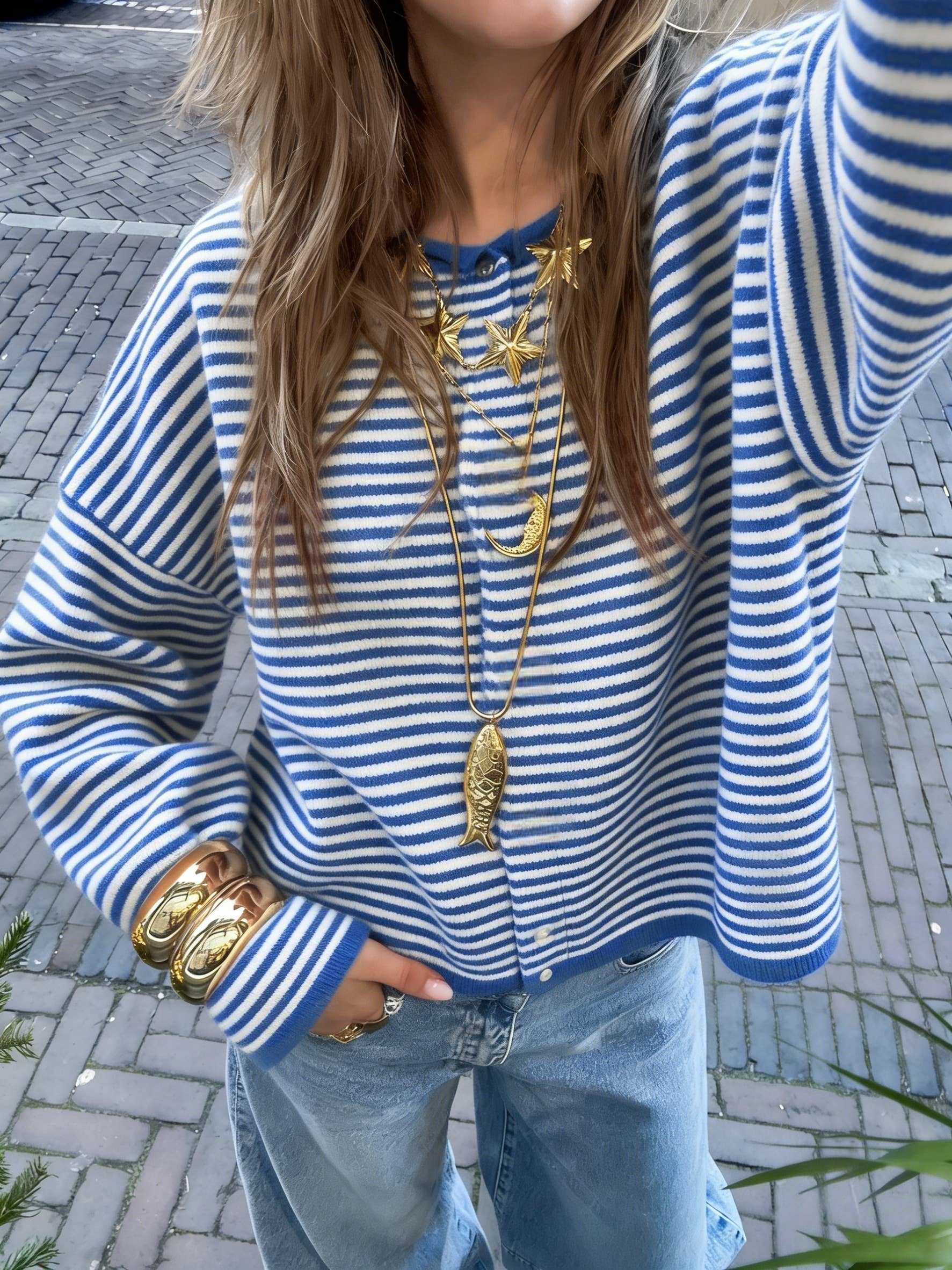 The Cora Beth Sweater by Rosa Clothing, blue and white striped knit cardigan with blue trim, front view