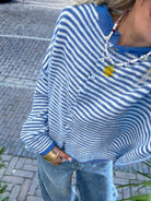 The Cora Beth Sweater by Rosa Clothing, blue and white striped knit cardigan with blue trim, front view3