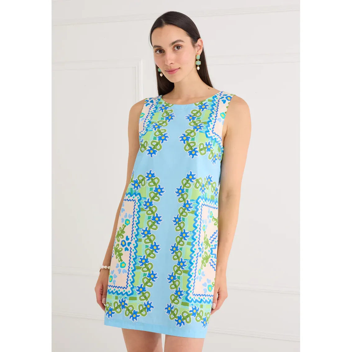 Alivia Rowan dress with green and blue floral folk pattern, lightweight fabric, and relaxed fit, perfect for casual wear.