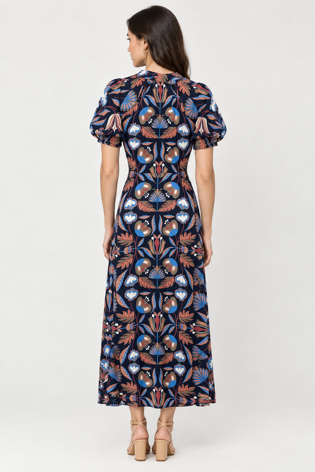  Abby Dress by Sail to Sable in navy geometric floral print, front view showing the tie waist