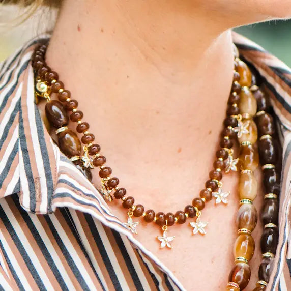 Beaded Bloom Necklace in Brown by Smith and Co. Design — chocolate brown glass beads with CZ floral charms stack