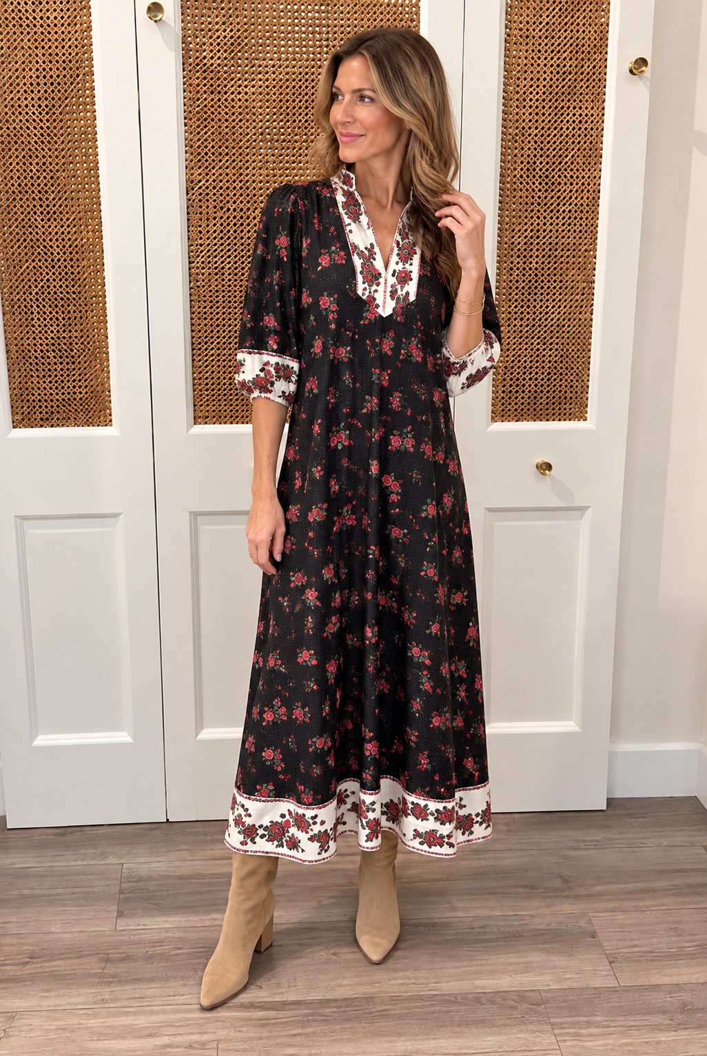 Brooks Dress by Smith & Quinn in Dream Garden — black rose print midi dress with A-line skirt and ivory border hem trim, front