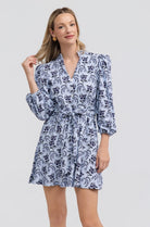Hazel Dress by Smith & Quinn in Cornflower Parlour — powder blue navy floral mini dress with V-neckline and balloon sleeves, belt view