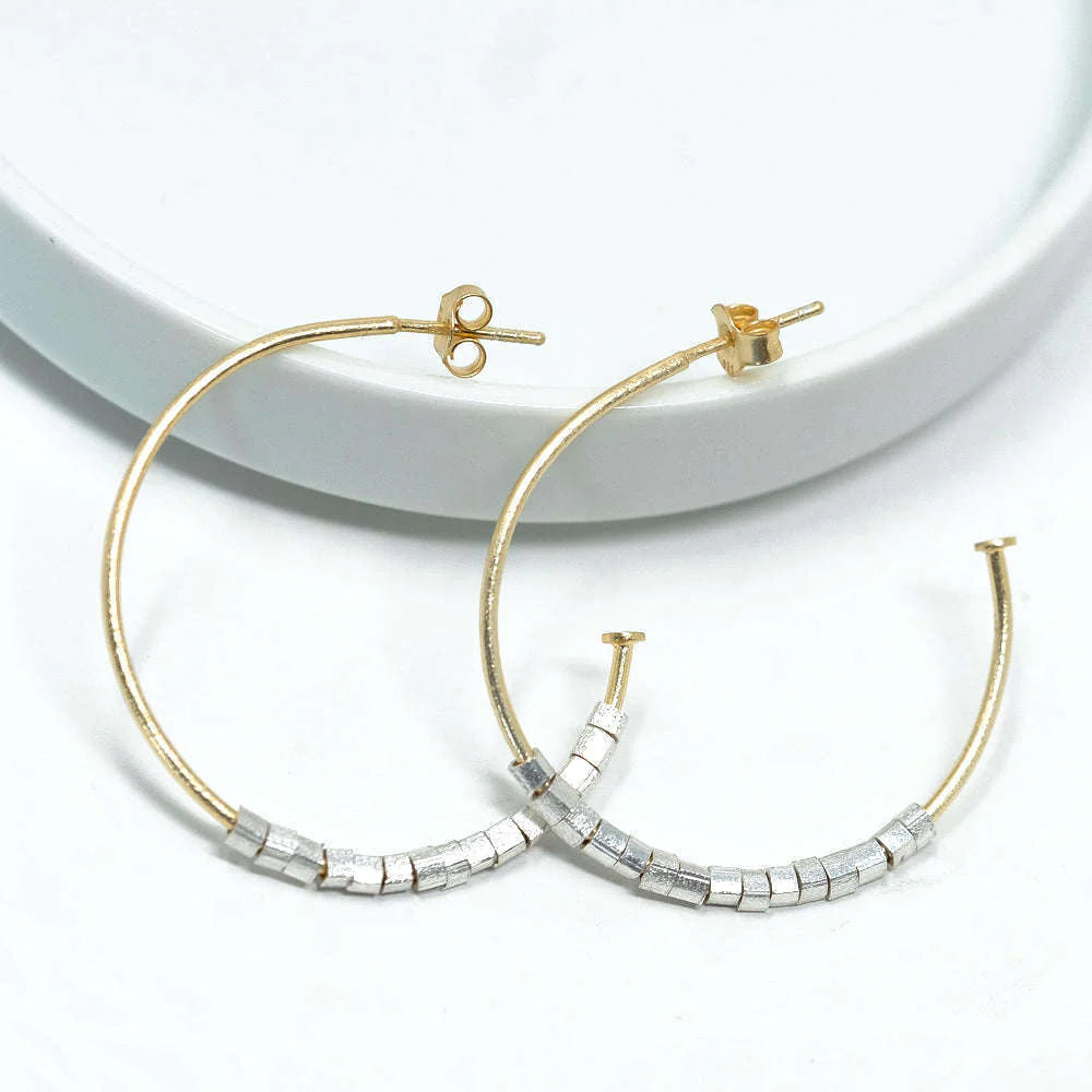 Gold Hoops with Square Sterling Beads